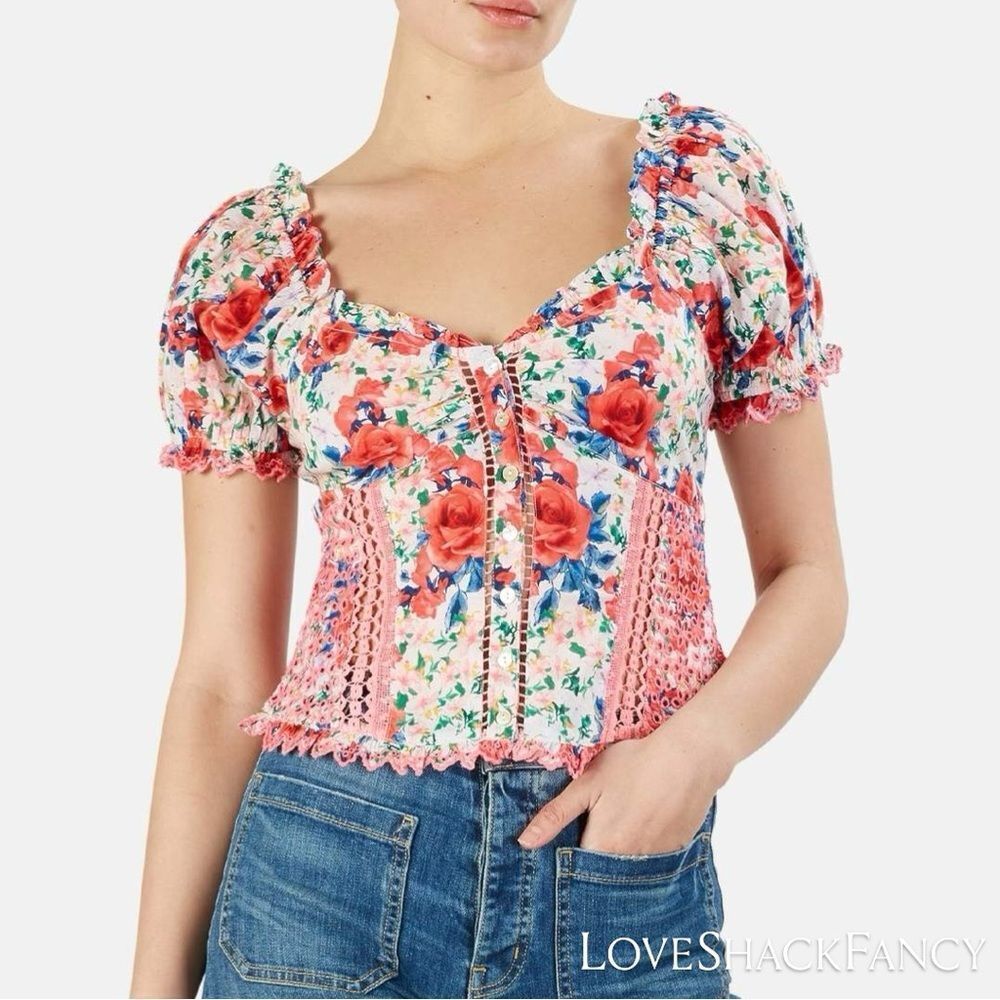 LoveShackFancy **NWT** Bryant Ruffle Trim Button Front Top in Rush of Red Floral - Picture 3 of 16